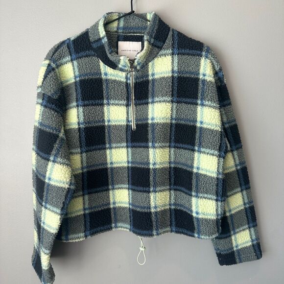 American Eagle Green Plaid Crop Sherpa Womens Small - Picture 1 of 6